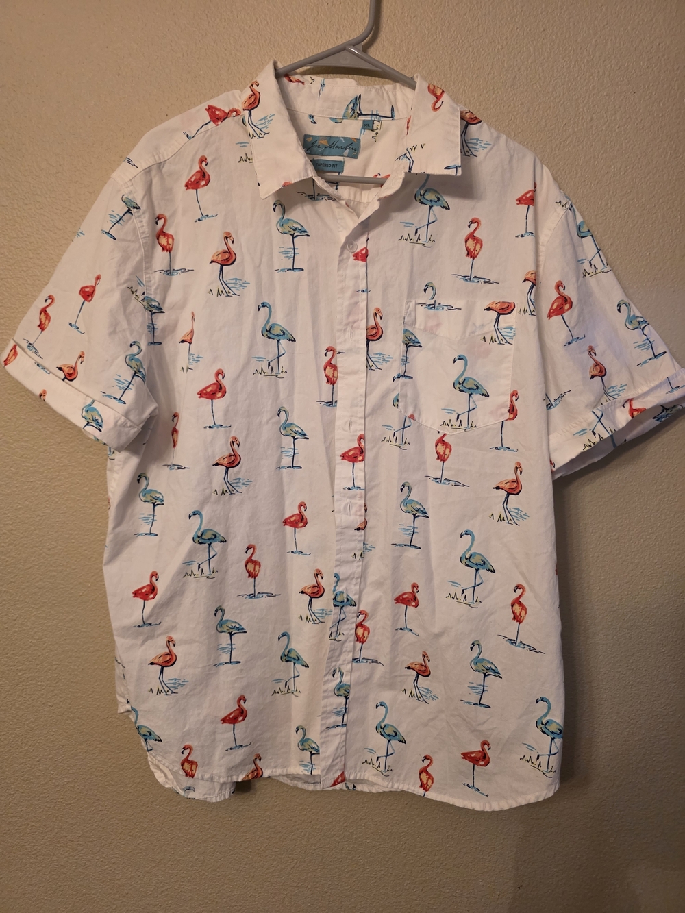 Men's White Short-Sleeve Flamingo-Print Button-Down Shirt